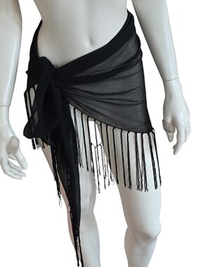 Black Fringe Sheer Sarong Cover-Up